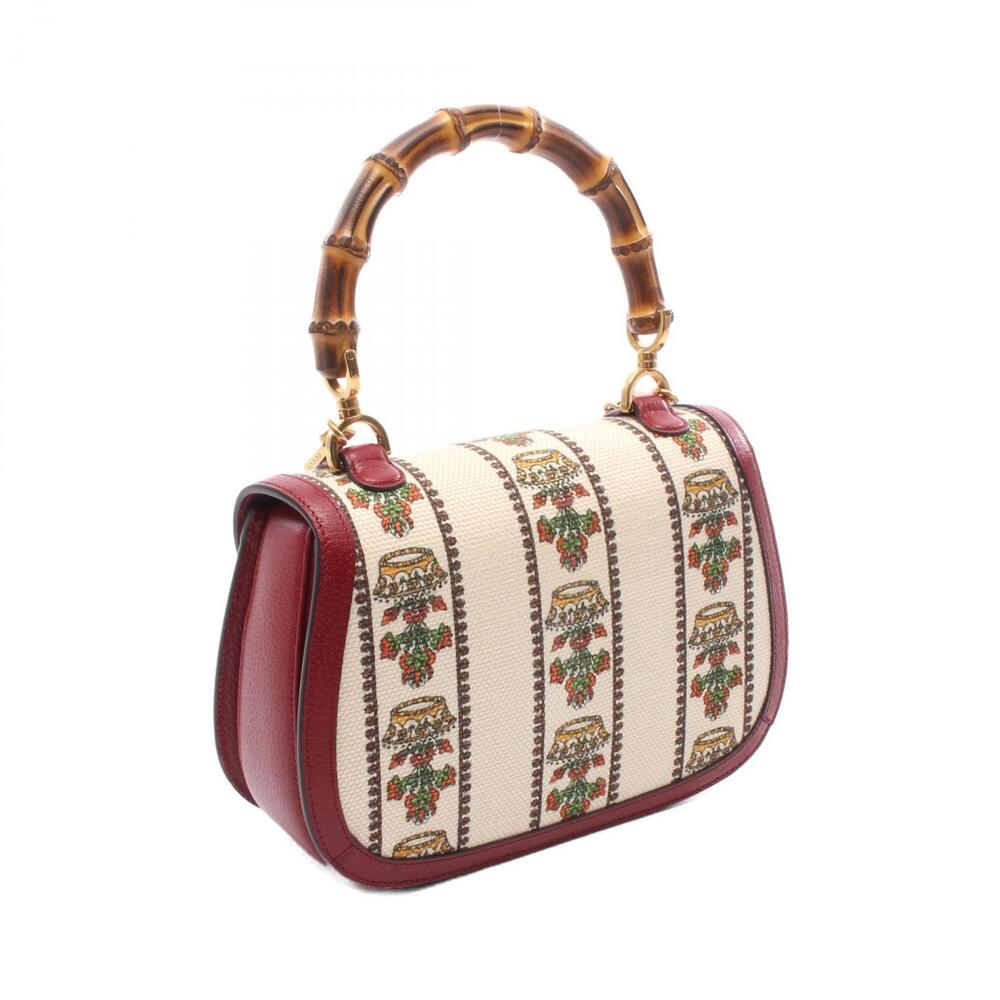 Gucci Canvas Handbag Leather Red GG Logo Bamboo Ivory Multicolor White